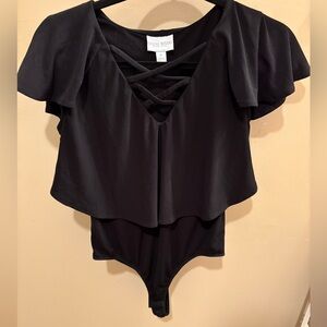 Bisou Bisou Michele Bohbot Black Lace Up Layered Bodysuit Size Medium